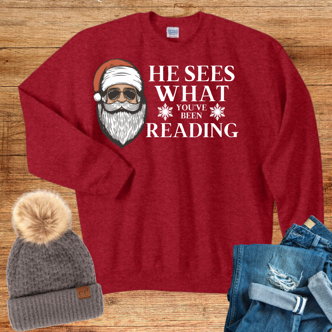 Bookish Christmas Sweatshirt Santa Sees What You’ve Been Reading