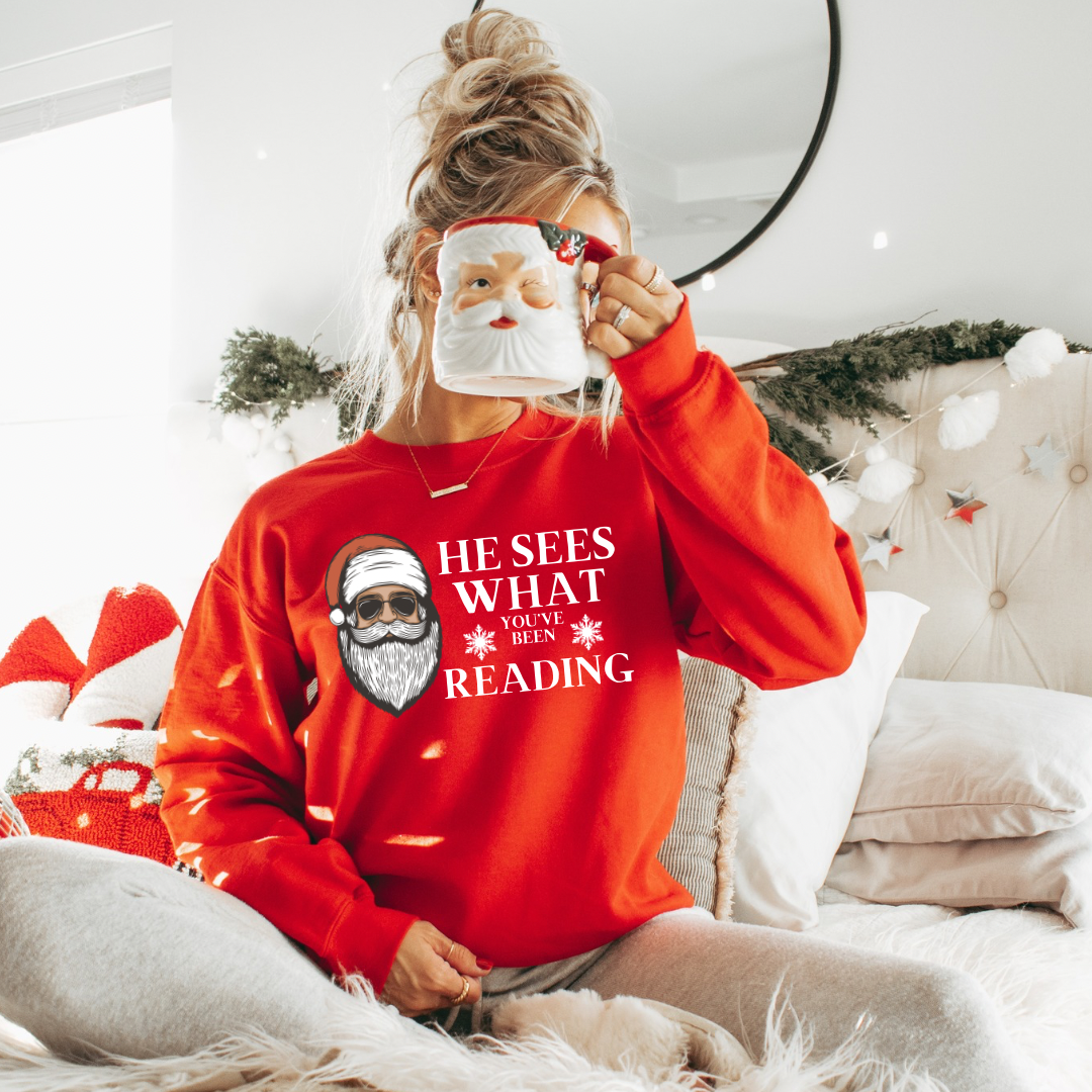 He sees what you’ve been reading bookish shirt Christmas shirt Sweater